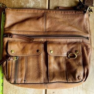 Fossil Morgan Traveler Messenger Crossbody Tan Pebbled Leather Bag